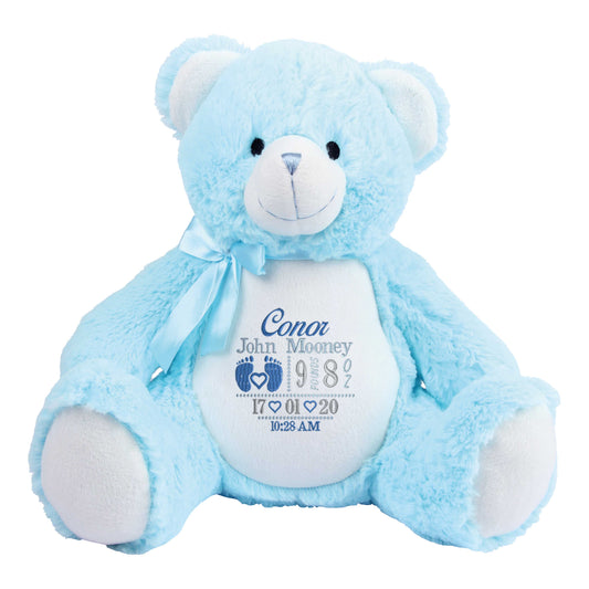 Personalised Blue New Baby Bear - Embroidered Birth Design