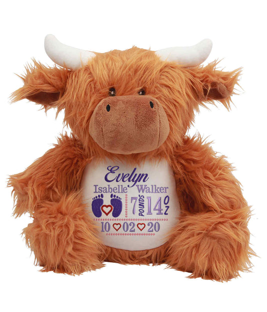 Personalised Brown Highland Cow - Embroidered Birth Design