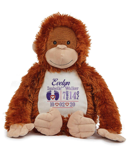 Personalised Orange Orangutan - Embroidered Birth Design