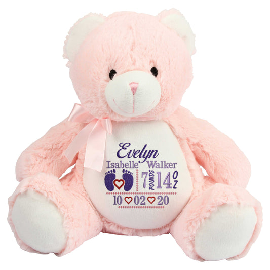 Personalised Pink New Baby Bear - Embroidered Birth Design