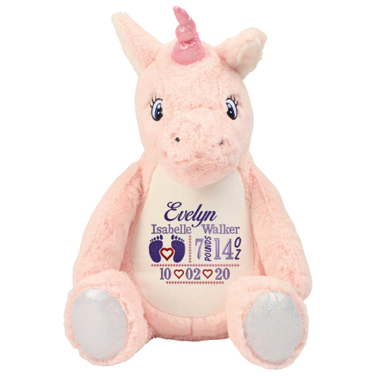 Personalised Pink Unicorn - Embroidered Birth Design