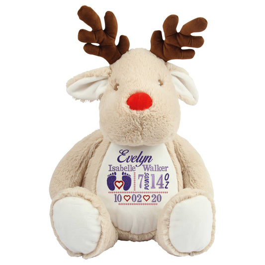 Personalised Light Brown Reindeer - Embroidered Birth Design