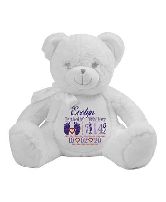 Personalised White New Baby Bear - Embroidered Birth Design